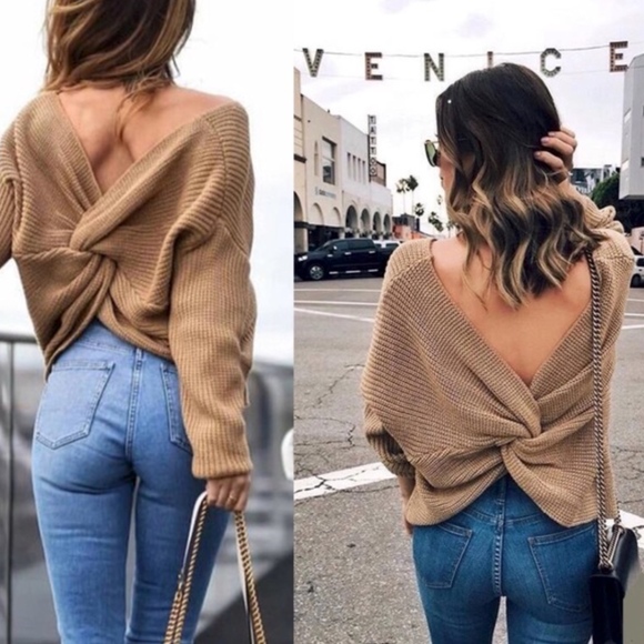 Rouge! Sweaters - New! Back Twist Knot Oversized Sweater Brown